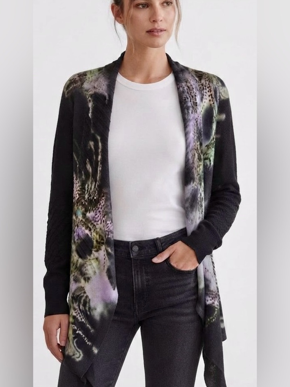 Adore Black Cardigan with Multicolor Watercolor Print Panels